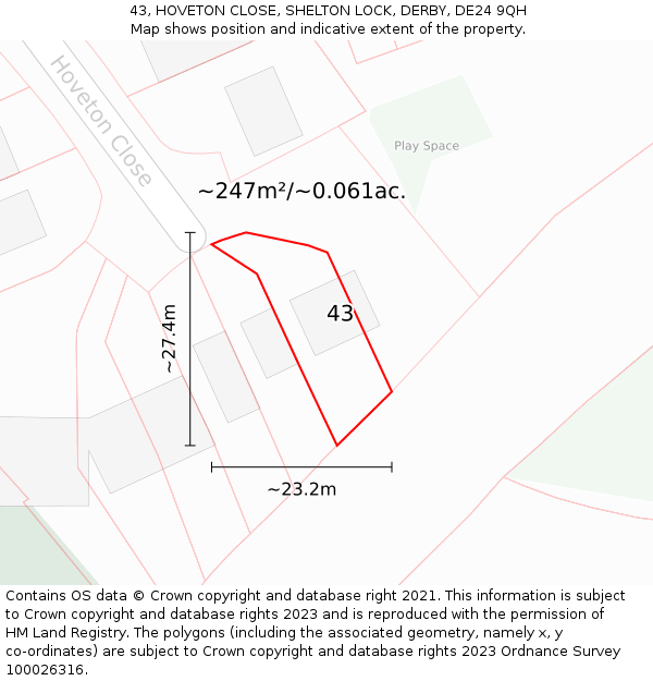 43, HOVETON CLOSE, SHELTON LOCK, DERBY, DE24 9QH: Plot and title map