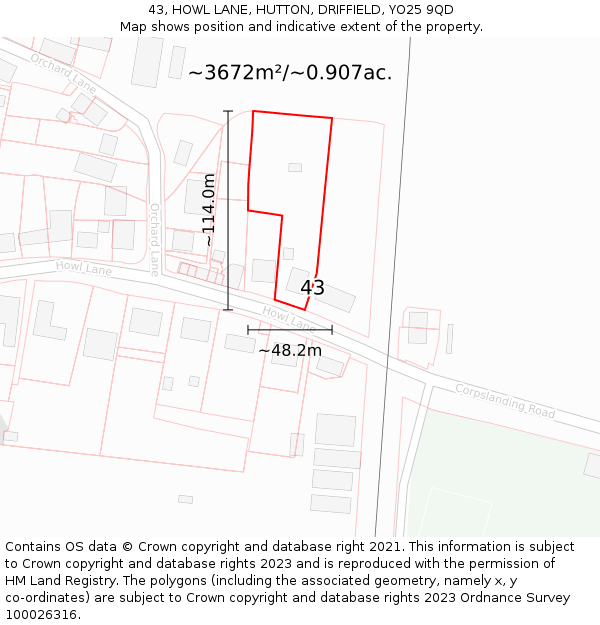 43, HOWL LANE, HUTTON, DRIFFIELD, YO25 9QD: Plot and title map