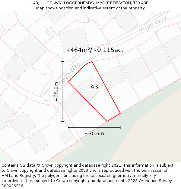 43, HUGO WAY, LOGGERHEADS, MARKET DRAYTON, TF9 4RP: Plot and title map