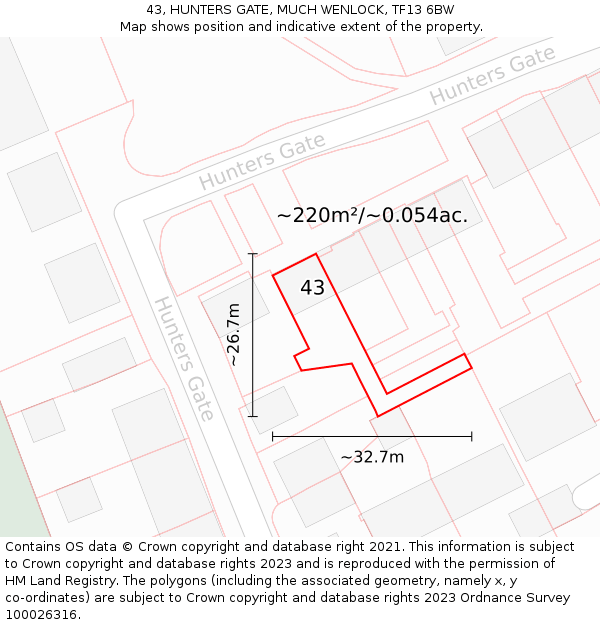43, HUNTERS GATE, MUCH WENLOCK, TF13 6BW: Plot and title map