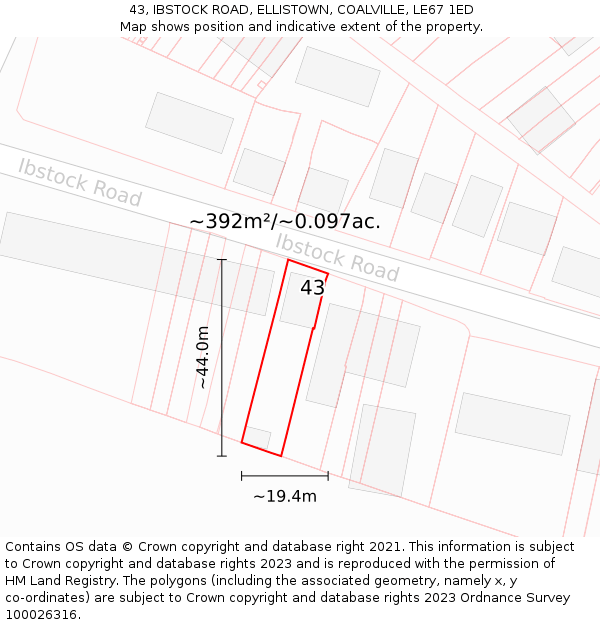43, IBSTOCK ROAD, ELLISTOWN, COALVILLE, LE67 1ED: Plot and title map