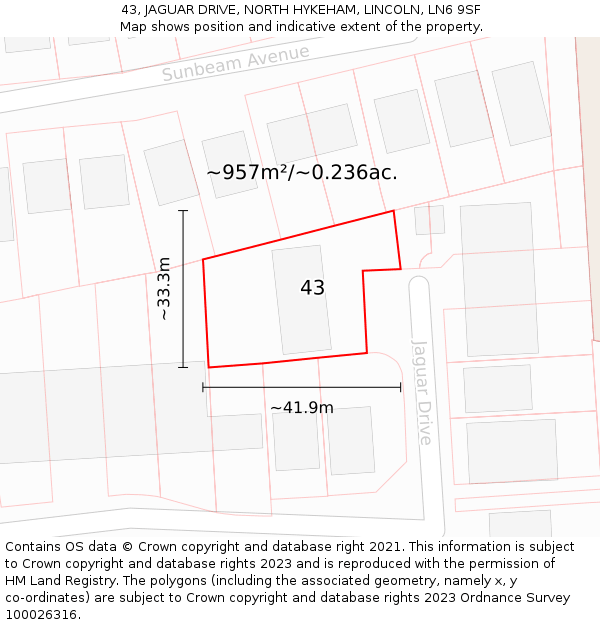 43, JAGUAR DRIVE, NORTH HYKEHAM, LINCOLN, LN6 9SF: Plot and title map