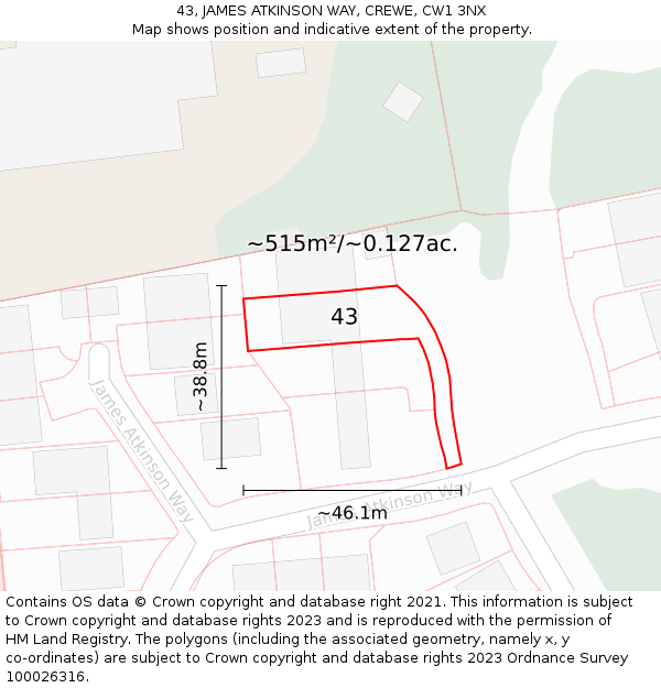 43, JAMES ATKINSON WAY, CREWE, CW1 3NX: Plot and title map