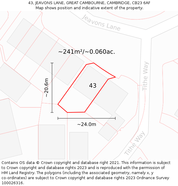 43, JEAVONS LANE, GREAT CAMBOURNE, CAMBRIDGE, CB23 6AF: Plot and title map