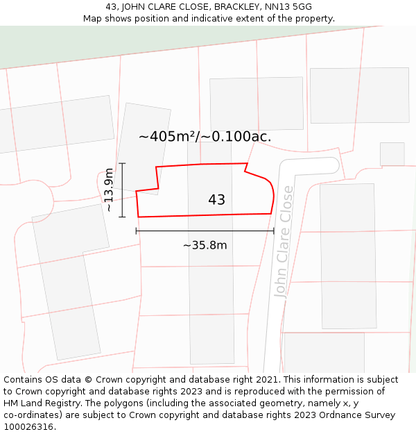 43, JOHN CLARE CLOSE, BRACKLEY, NN13 5GG: Plot and title map