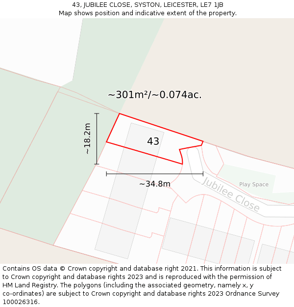 43, JUBILEE CLOSE, SYSTON, LEICESTER, LE7 1JB: Plot and title map