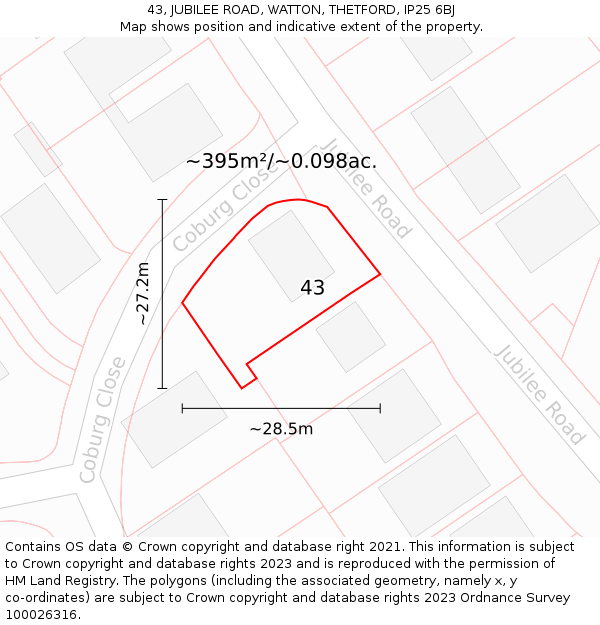 43, JUBILEE ROAD, WATTON, THETFORD, IP25 6BJ: Plot and title map