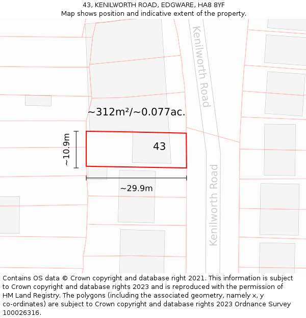 43, KENILWORTH ROAD, EDGWARE, HA8 8YF: Plot and title map