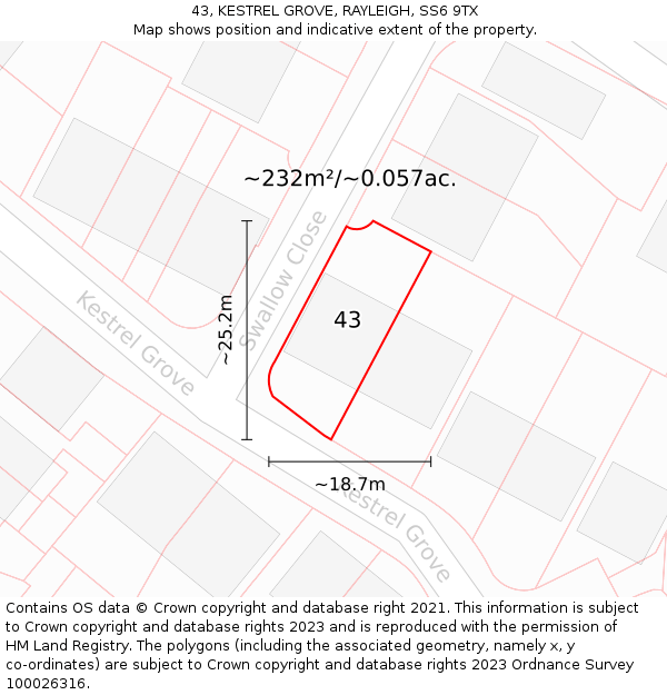 43, KESTREL GROVE, RAYLEIGH, SS6 9TX: Plot and title map