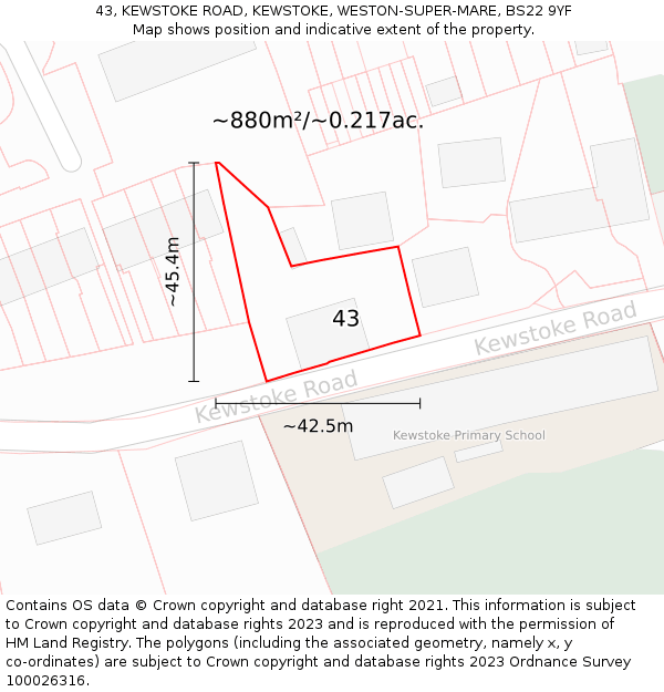43, KEWSTOKE ROAD, KEWSTOKE, WESTON-SUPER-MARE, BS22 9YF: Plot and title map