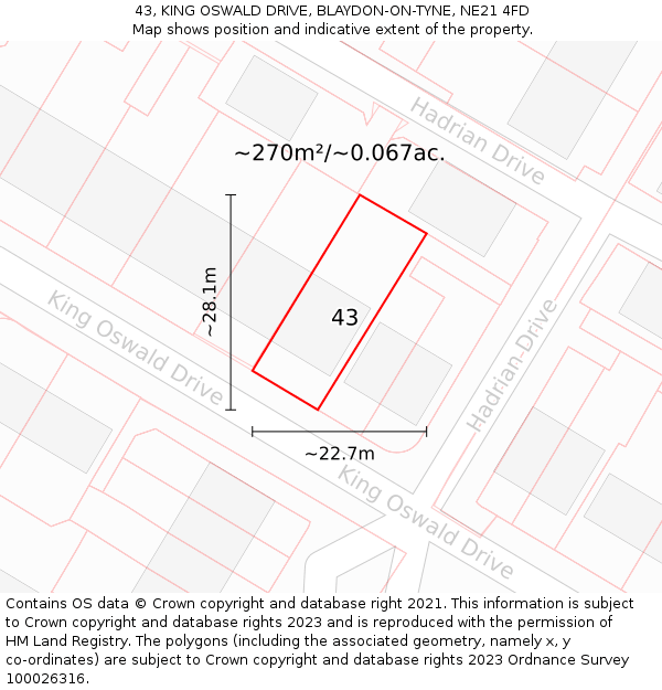 43, KING OSWALD DRIVE, BLAYDON-ON-TYNE, NE21 4FD: Plot and title map