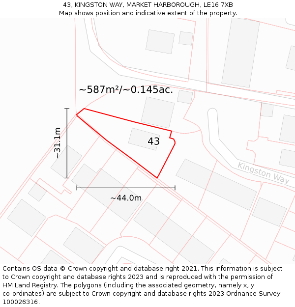 43, KINGSTON WAY, MARKET HARBOROUGH, LE16 7XB: Plot and title map