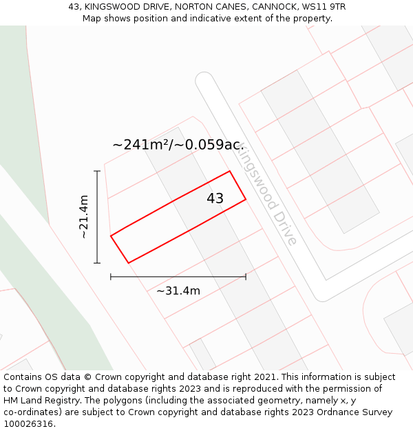 43, KINGSWOOD DRIVE, NORTON CANES, CANNOCK, WS11 9TR: Plot and title map