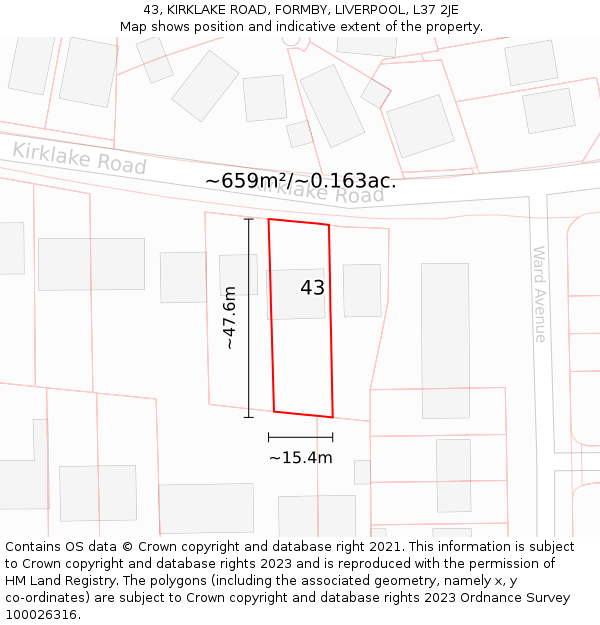 43, KIRKLAKE ROAD, FORMBY, LIVERPOOL, L37 2JE: Plot and title map