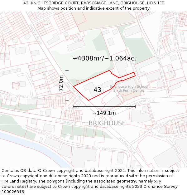 43, KNIGHTSBRIDGE COURT, PARSONAGE LANE, BRIGHOUSE, HD6 1FB: Plot and title map