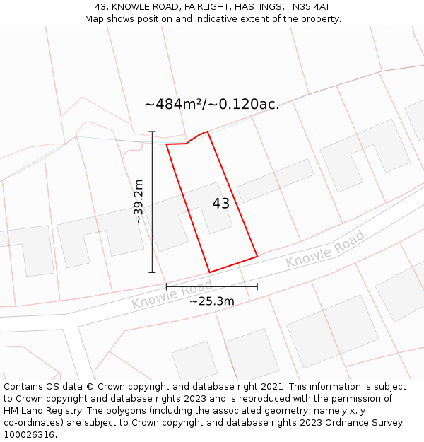 43, KNOWLE ROAD, FAIRLIGHT, HASTINGS, TN35 4AT: Plot and title map