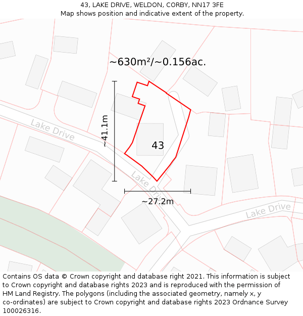 43, LAKE DRIVE, WELDON, CORBY, NN17 3FE: Plot and title map