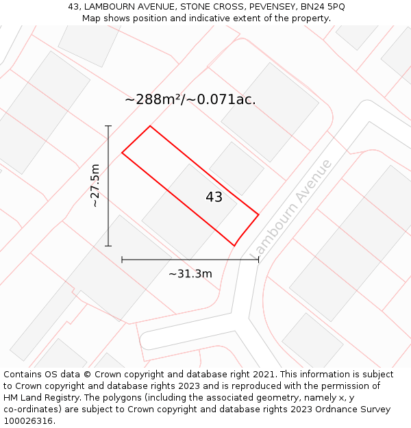 43, LAMBOURN AVENUE, STONE CROSS, PEVENSEY, BN24 5PQ: Plot and title map
