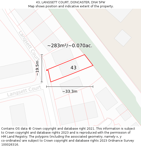 43, LANGSETT COURT, DONCASTER, DN4 5PW: Plot and title map