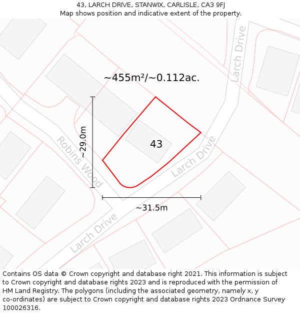 43, LARCH DRIVE, STANWIX, CARLISLE, CA3 9FJ: Plot and title map