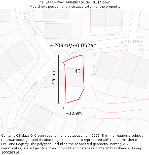 43, LARCH WAY, FARNBOROUGH, GU14 0QW: Plot and title map