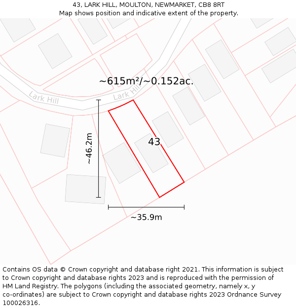 43, LARK HILL, MOULTON, NEWMARKET, CB8 8RT: Plot and title map