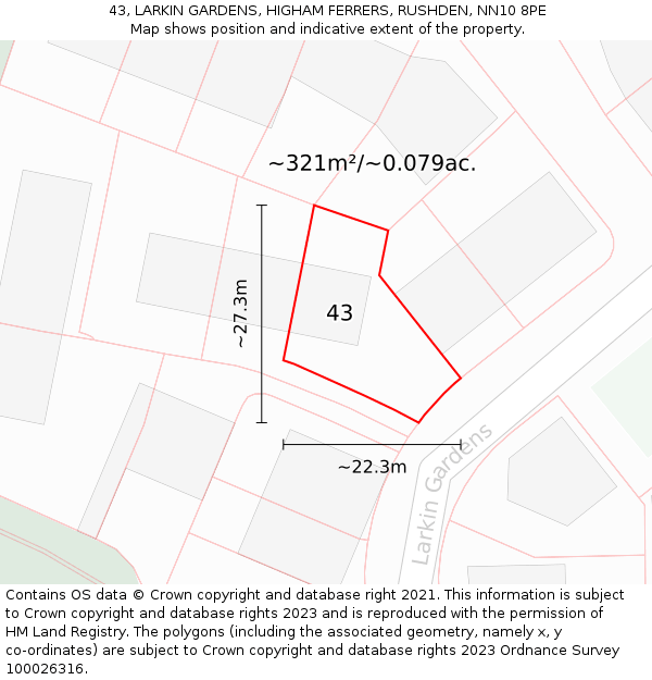 43, LARKIN GARDENS, HIGHAM FERRERS, RUSHDEN, NN10 8PE: Plot and title map