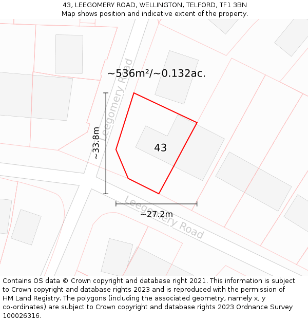 43, LEEGOMERY ROAD, WELLINGTON, TELFORD, TF1 3BN: Plot and title map