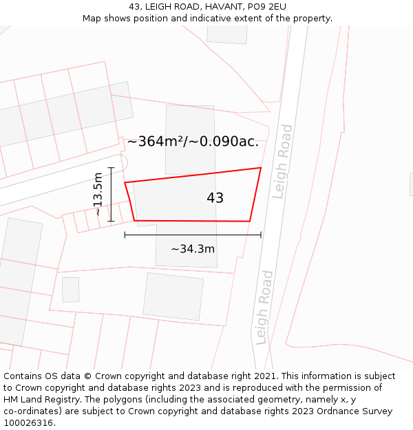 43, LEIGH ROAD, HAVANT, PO9 2EU: Plot and title map