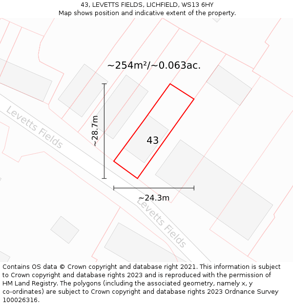 43, LEVETTS FIELDS, LICHFIELD, WS13 6HY: Plot and title map