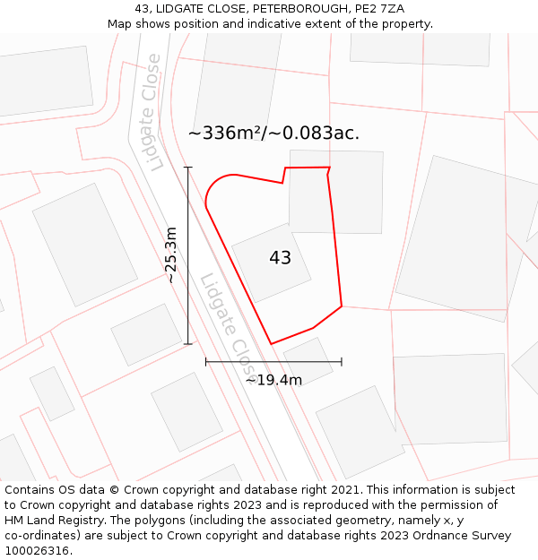43, LIDGATE CLOSE, PETERBOROUGH, PE2 7ZA: Plot and title map