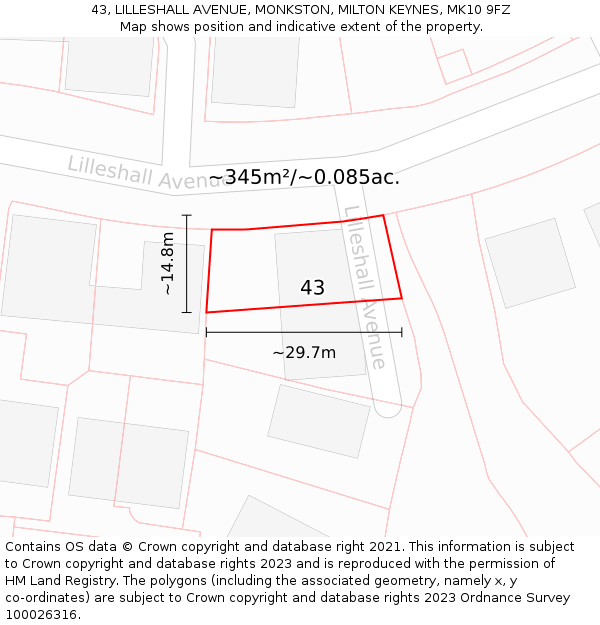 43, LILLESHALL AVENUE, MONKSTON, MILTON KEYNES, MK10 9FZ: Plot and title map