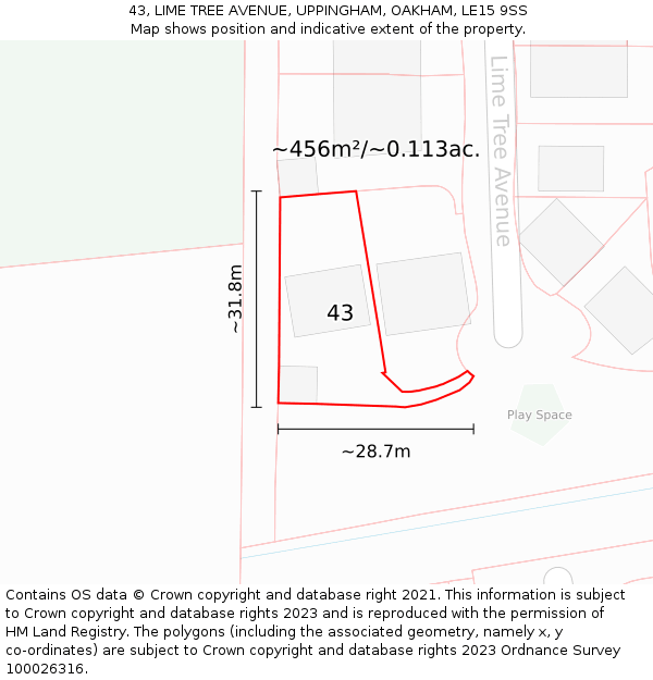 43, LIME TREE AVENUE, UPPINGHAM, OAKHAM, LE15 9SS: Plot and title map