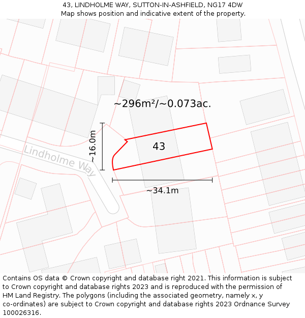 43, LINDHOLME WAY, SUTTON-IN-ASHFIELD, NG17 4DW: Plot and title map