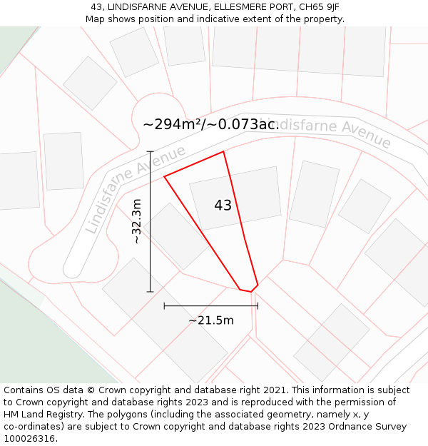 43, LINDISFARNE AVENUE, ELLESMERE PORT, CH65 9JF: Plot and title map