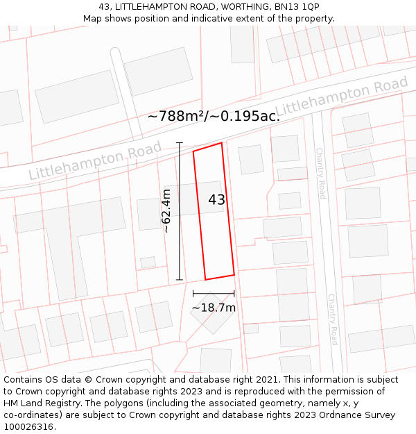 43, LITTLEHAMPTON ROAD, WORTHING, BN13 1QP: Plot and title map