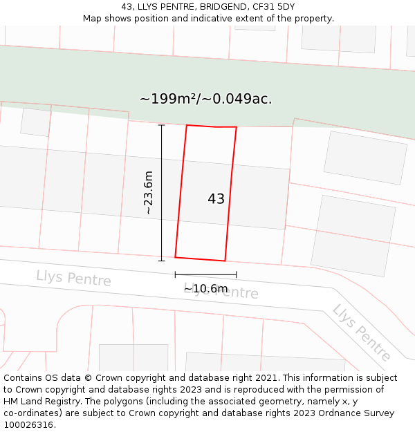 43, LLYS PENTRE, BRIDGEND, CF31 5DY: Plot and title map