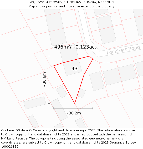 43, LOCKHART ROAD, ELLINGHAM, BUNGAY, NR35 2HB: Plot and title map