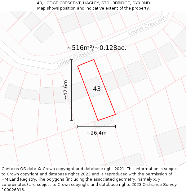43, LODGE CRESCENT, HAGLEY, STOURBRIDGE, DY9 0ND: Plot and title map