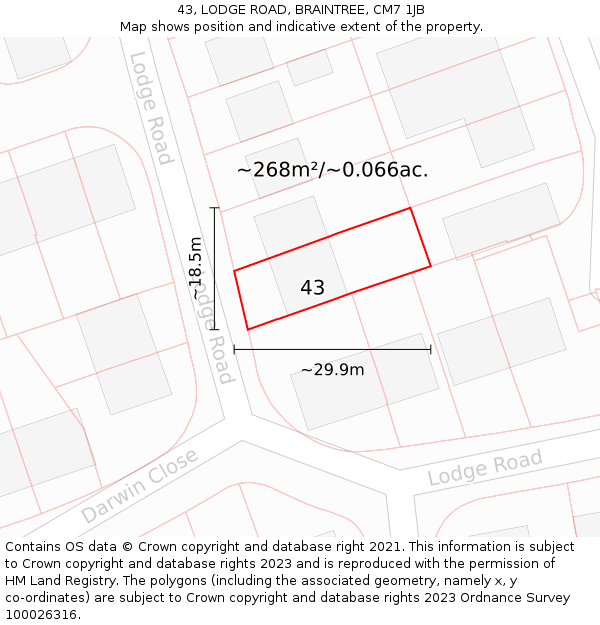 43, LODGE ROAD, BRAINTREE, CM7 1JB: Plot and title map