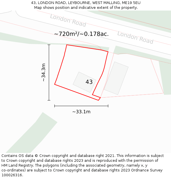 43, LONDON ROAD, LEYBOURNE, WEST MALLING, ME19 5EU: Plot and title map