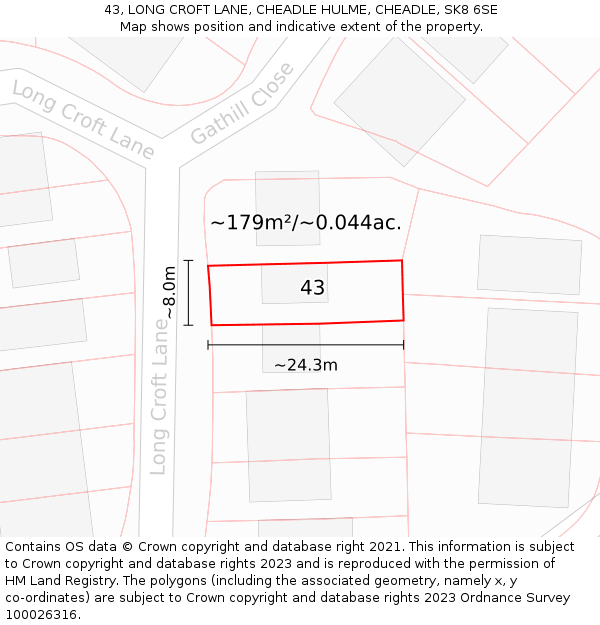 43, LONG CROFT LANE, CHEADLE HULME, CHEADLE, SK8 6SE: Plot and title map