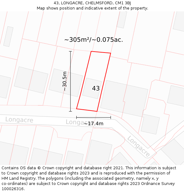 43, LONGACRE, CHELMSFORD, CM1 3BJ: Plot and title map