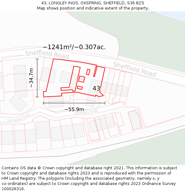 43, LONGLEY INGS, OXSPRING, SHEFFIELD, S36 8ZS: Plot and title map