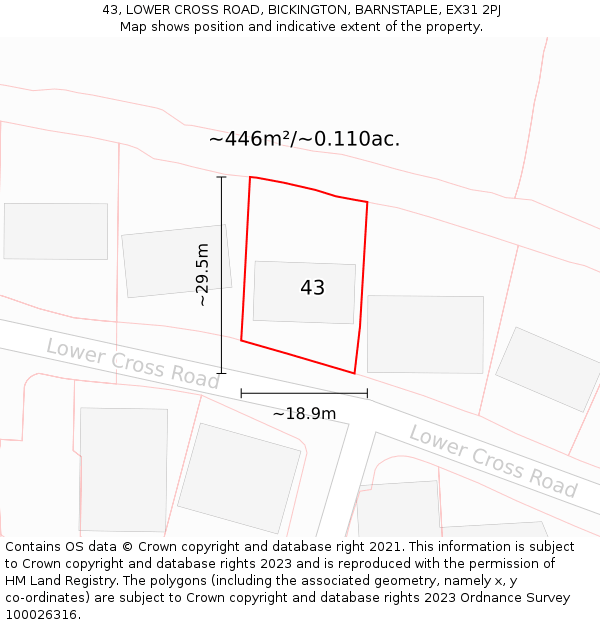 43, LOWER CROSS ROAD, BICKINGTON, BARNSTAPLE, EX31 2PJ: Plot and title map