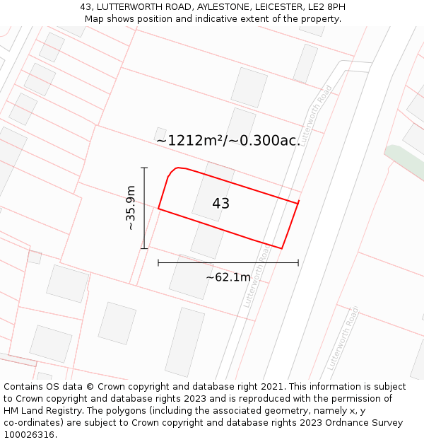 43, LUTTERWORTH ROAD, AYLESTONE, LEICESTER, LE2 8PH: Plot and title map