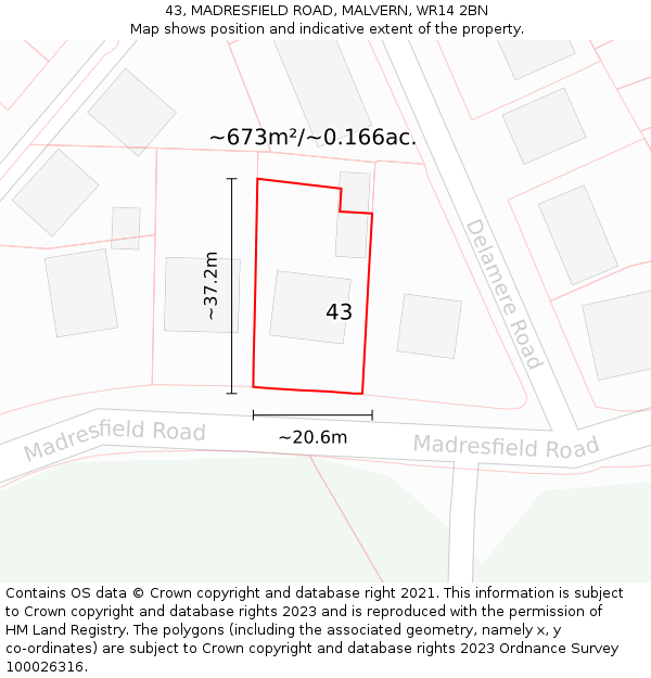 43, MADRESFIELD ROAD, MALVERN, WR14 2BN: Plot and title map