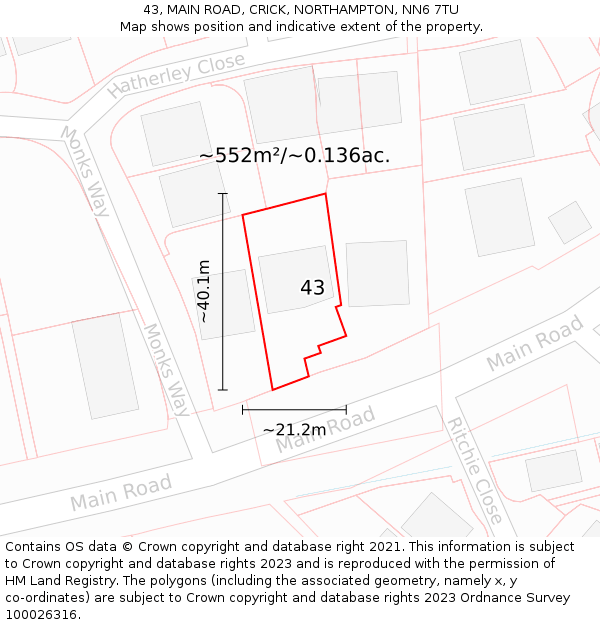 43, MAIN ROAD, CRICK, NORTHAMPTON, NN6 7TU: Plot and title map