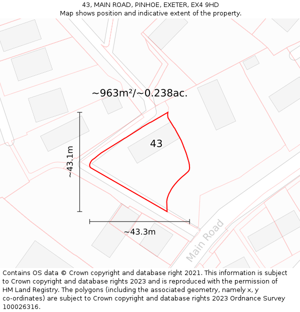 43, MAIN ROAD, PINHOE, EXETER, EX4 9HD: Plot and title map