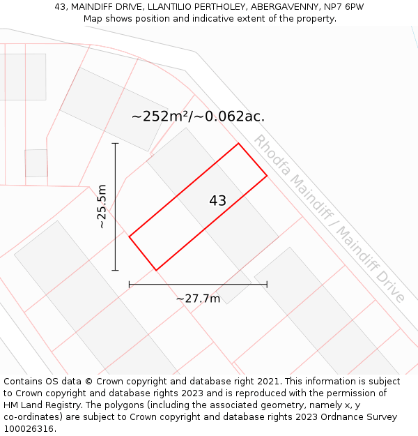 43, MAINDIFF DRIVE, LLANTILIO PERTHOLEY, ABERGAVENNY, NP7 6PW: Plot and title map